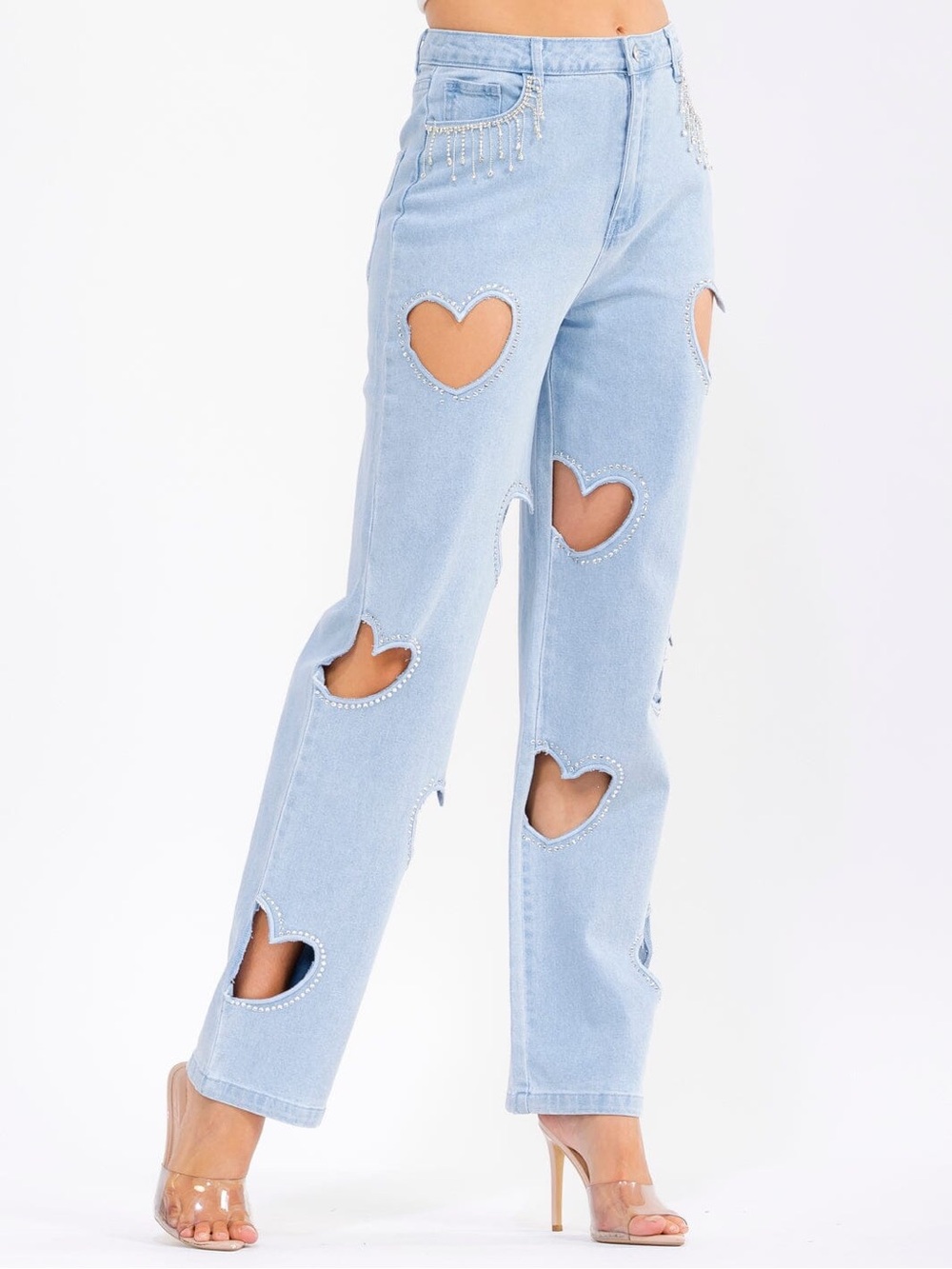 J55. Light Blue Heart-Cutout Straight Jeans - Picture 1 of 3